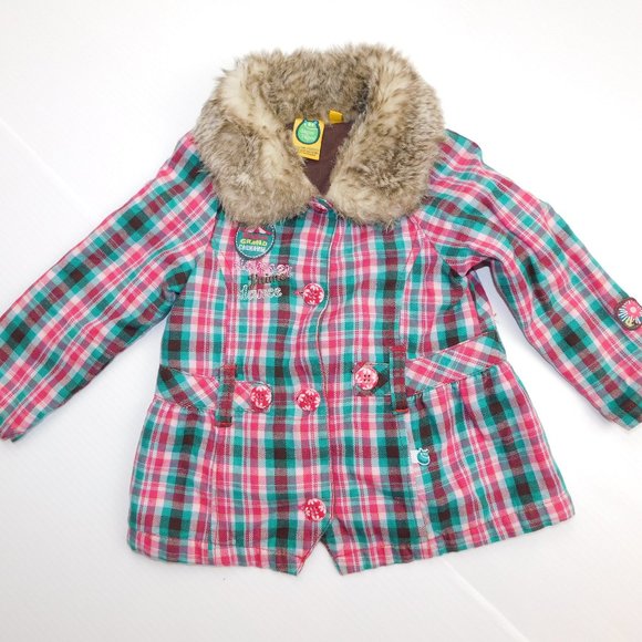 Gagou Tagou Girls 18 Months Plaid Jacket Fur Trim - Picture 1 of 11